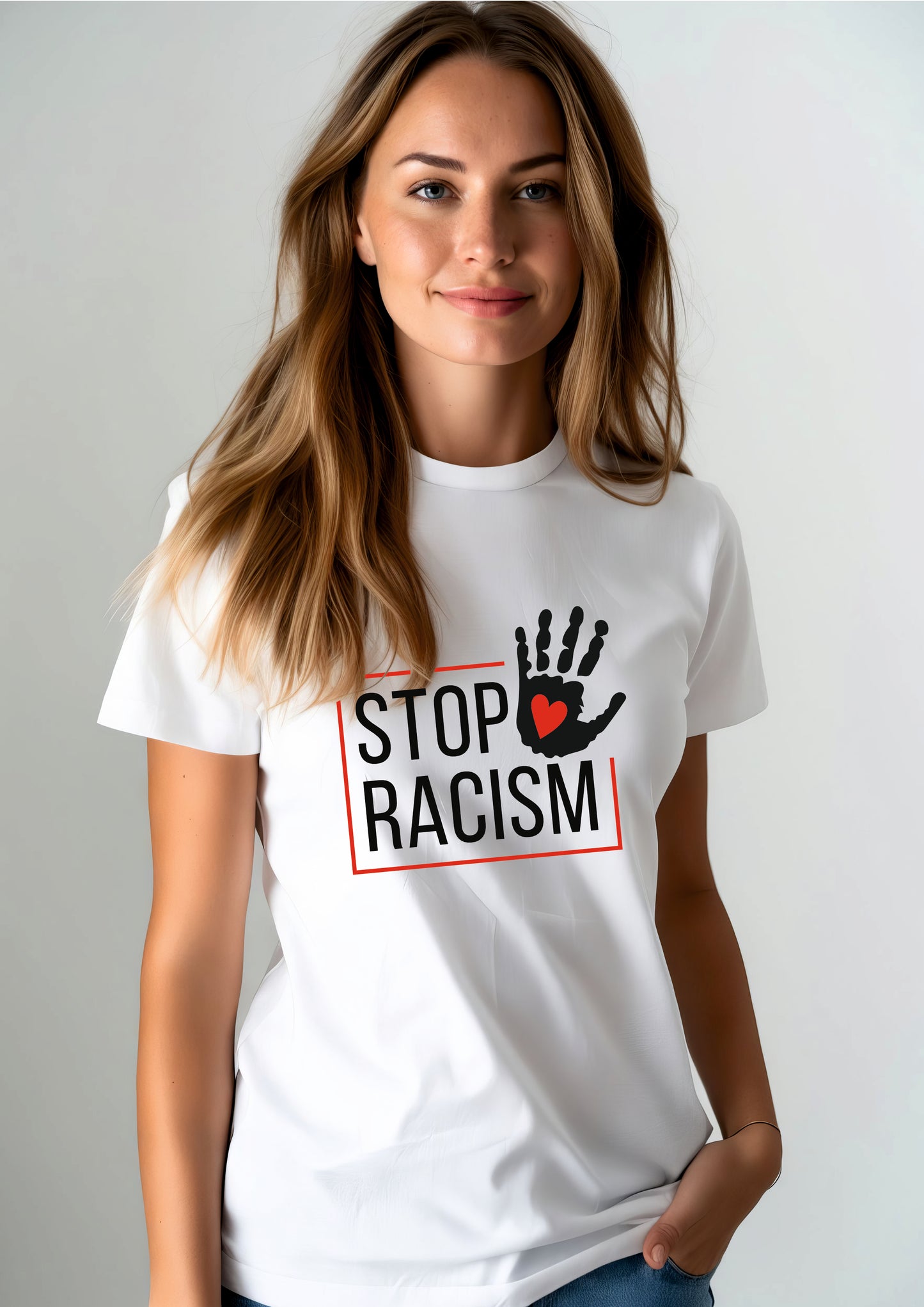 T-Shirt "Stop Racism" bedruckt mittels hochwertigem Siebdruck